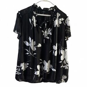 Haver London NWT Black White Floral Tie Neck Blouse 1X Plus Size Bubbled Hem